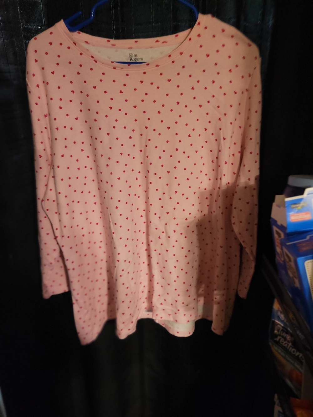 Kim Rogers Pink Crewneck Top with Red Heart Print